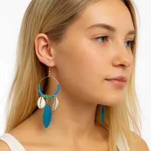 Boho Blue Feather Shell Earrings Gold Hoop Beaded Statement Jewelry lightweight